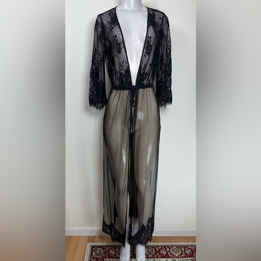 (R1) OYSHO Black lace robe, sexy, open and tied at the waist, size S women